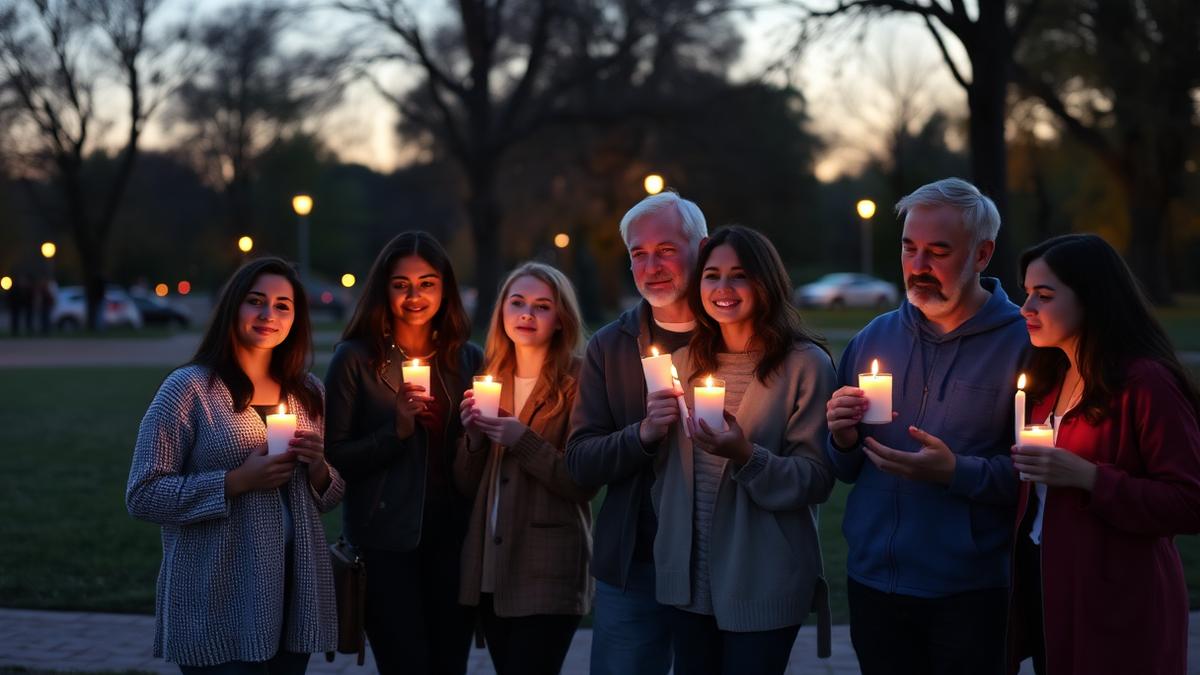 Cover photo for International Day of Persons with Disabilities: adults standing together holding candles at dusk in a quiet park