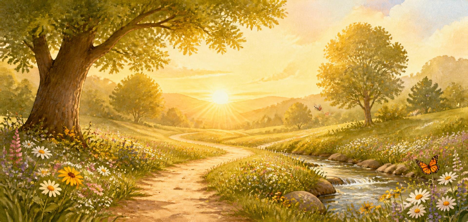 Illustration of a winding path through a wildflower meadow at sunrise, with trees, a stream and warm golden light.