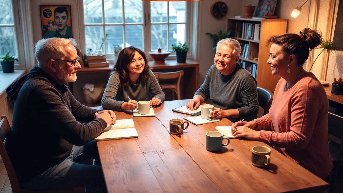 Cover photo for Affect-Focused EMDR Training: four adults journaling and talking around a wooden table with mugs of tea