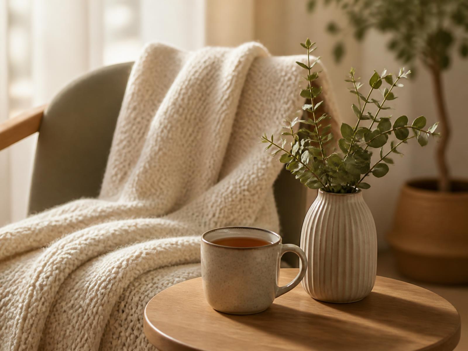 A cream knitted blanket over a chair beside a mug of tea and a small plant in soft morning light